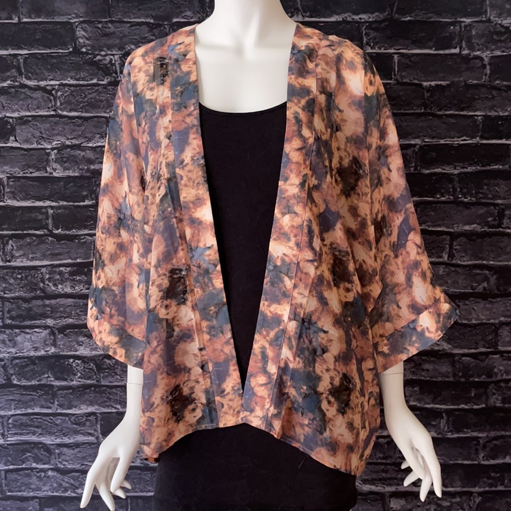 Forever 21 Peach & Gray Tie Dye Woven Open Front Kimono Style Top S NWT